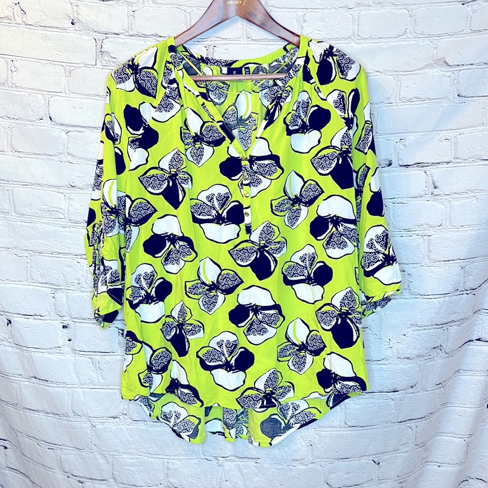 Kaari Blue Blue Green Floral Gold Button Long Sleeve Blouse Size 2X